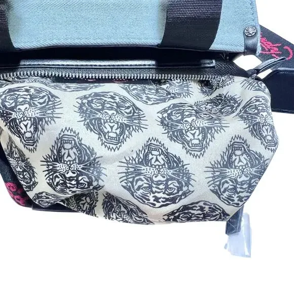 Ed Hardy Denim Tote Crossbody Satchel Bag Denim Pink Tattoo Skull Rhinestones - Picture 9 of 12